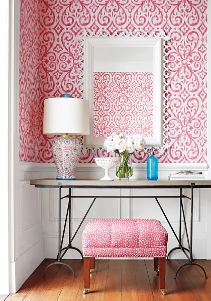 Grand Millennial styling using patterned wallpaper from Thibaut