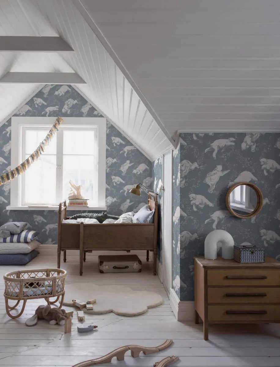 Calming Blue Childrens Room Using Polar Wallpaper from Borastapeter