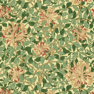 morris-and-co-honeysuckle-wallpaper-dmc1hs102-green-coral-pink