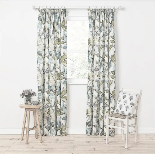 Watercolour leaf print curtains with pencil pleat (zoomed out)