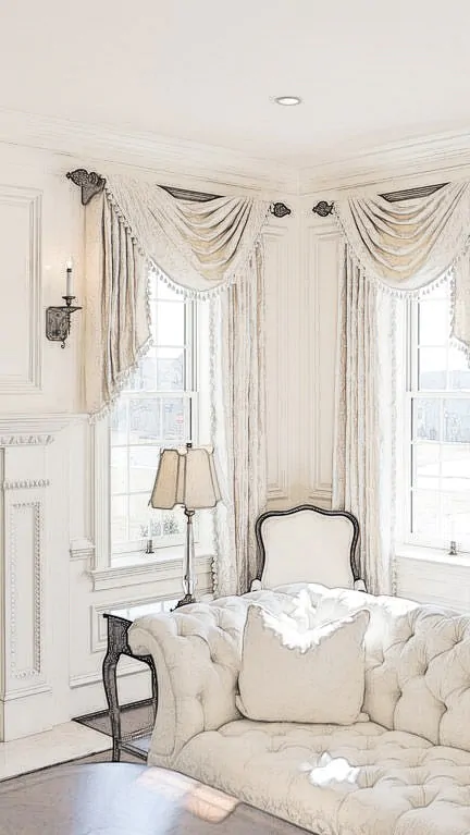 Corner window with cream curtains