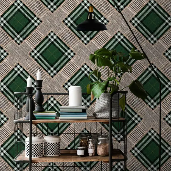 Checkered Patchwork Wallpaper in British Green by Mind the Gap
