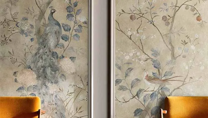 Luxury bird wallpaper mural with painted peacock and small birds among branches in a soft neutral scheme