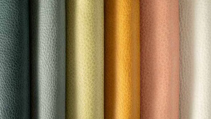 A selection of leather fabric samples in various colors and textures, emphasizing the durability and luxury of leather.