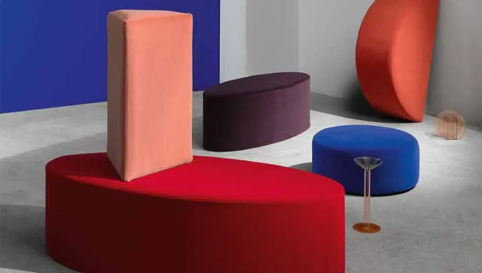 A collection of modern seating options in various shades, including red velvet and deep purple. Ideal for red velvet upholstery fabric.